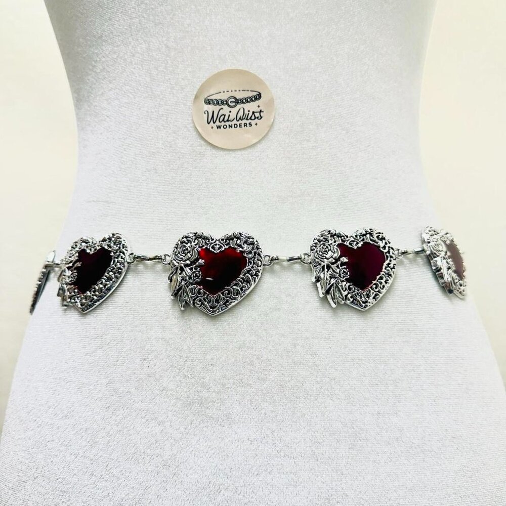 Y2k 2000s style Silver tone heart waist chain belt with red heart charms